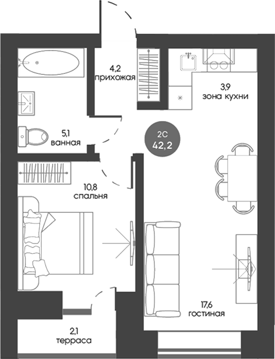 Планировка 2е-к.кв 41.57 м² в ЖК «Белозерский. Томск»
