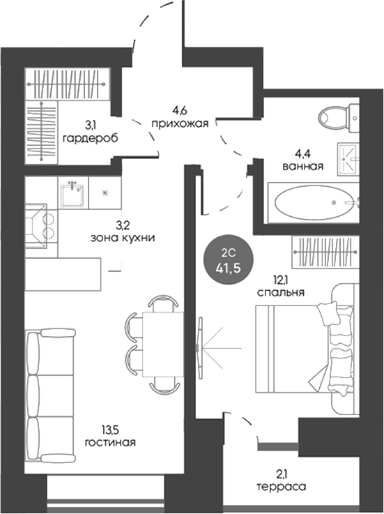 Планировка 2е-к.кв 40.87 м² в ЖК «Белозерский. Томск»