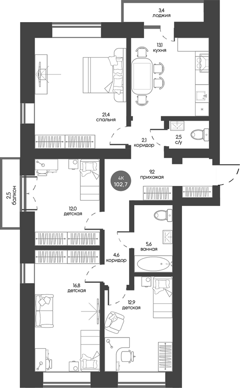 Планировка 4-к.кв 100.25 м² в ЖК «Белозерский. Томск»