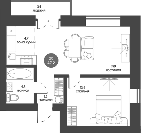 Планировка 2е-к.кв 45.50 м² в ЖК «Белозерский. Томск»