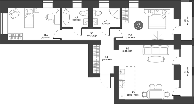 Планировка 3е-к.кв 74.73 м² в ЖК «Белозерский. Томск»