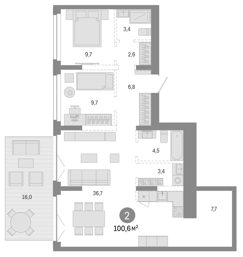 Планировка 3е-к.кв 84.60 м² в ЖК «Европейский берег»