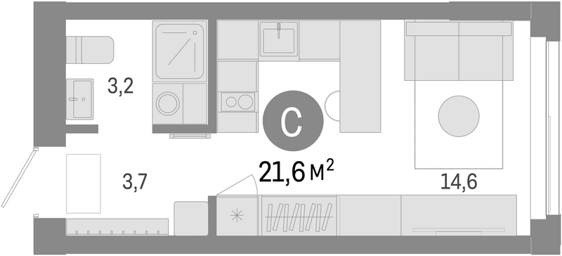 Планировка студии 21.60 м² в ЖК «Европейский берег»