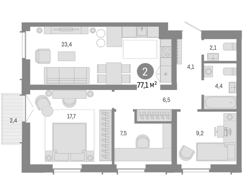 Планировка 3е-к. квартира 74.70 м² в ЖК «Европейский берег»