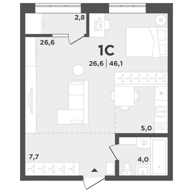 Планировка студии 43.30 м² в ЖК «Поколение»