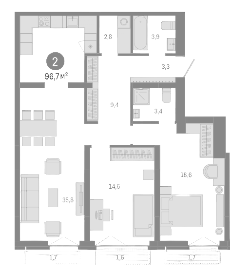 Планировка 3е-к.кв 91.70 м² в ЖК «Европейский берег»