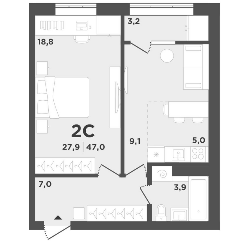 Планировка 2е-к.кв 43.80 м² в ЖК «Поколение»