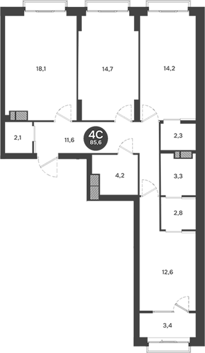 Планировка 4е-к.кв 85.85 м² в ЖК «Ясный Берег»