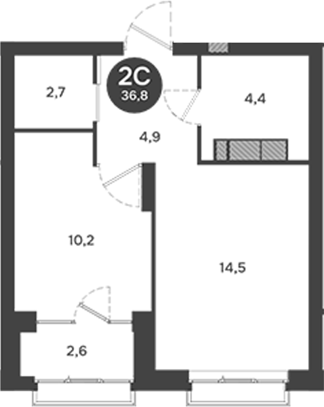 Планировка 2е-к.кв 36.82 м² в ЖК «Ясный Берег»