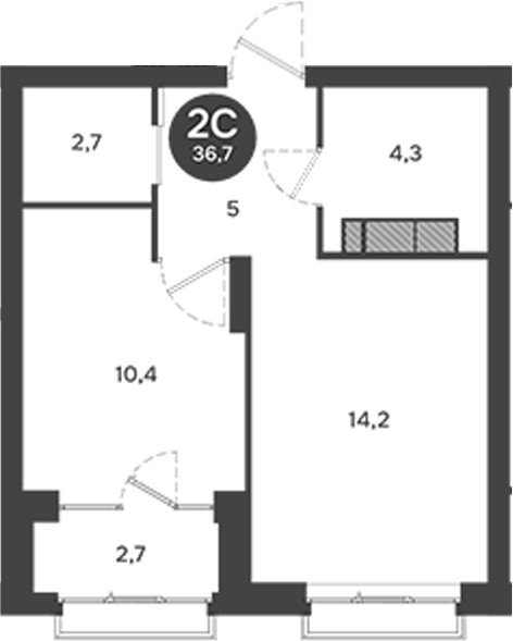 Планировка 2е-к.кв 36.75 м² в ЖК «Ясный Берег»