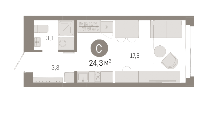 Планировка студии 24.30 м² в ЖК «Европейский берег»