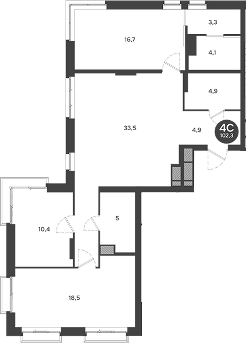 Планировка 4е-к.кв 102.27 м² в ЖК «Ясный Берег»
