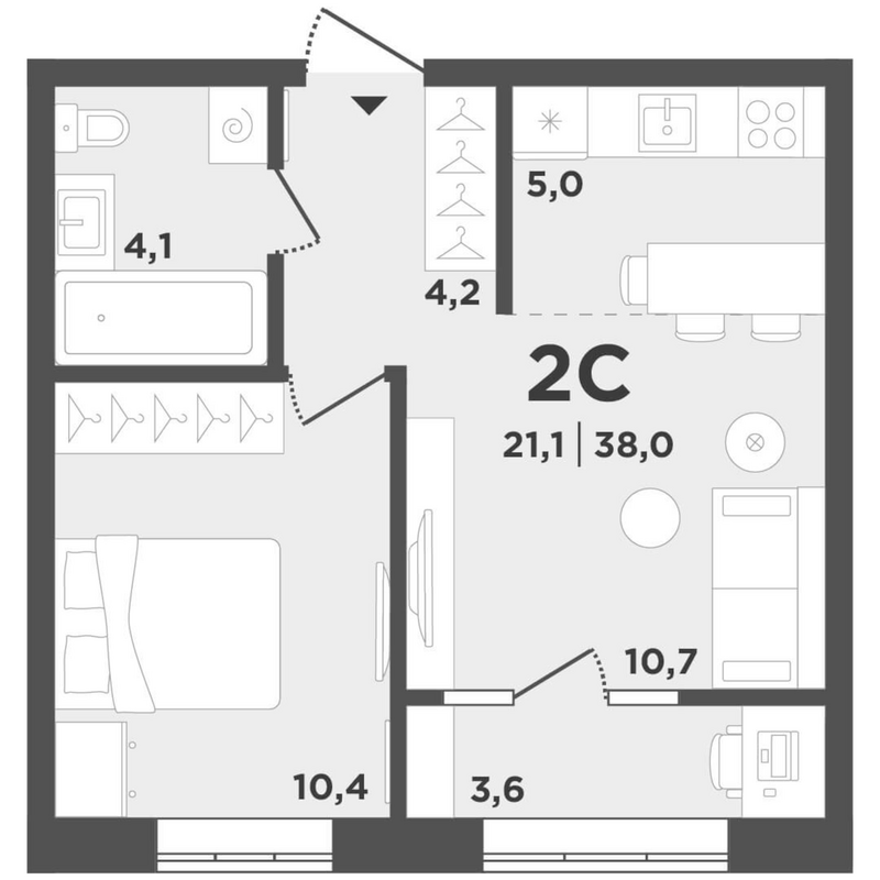 Планировка 2е-к.кв 34.40 м² в ЖК «Поколение»