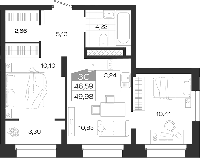 Планировка 3е-к.кв 46.59 м² в ЖК «Ясный Берег»
