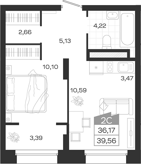 Планировка 2е-к.кв 36.17 м² в ЖК «Ясный Берег»