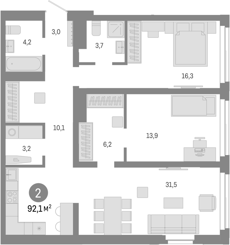 Планировка 3е-к.кв 92.10 м² в ЖК «Европейский берег»