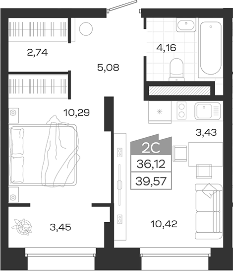 Планировка 2е-к.кв 36.12 м² в ЖК «Ясный Берег»