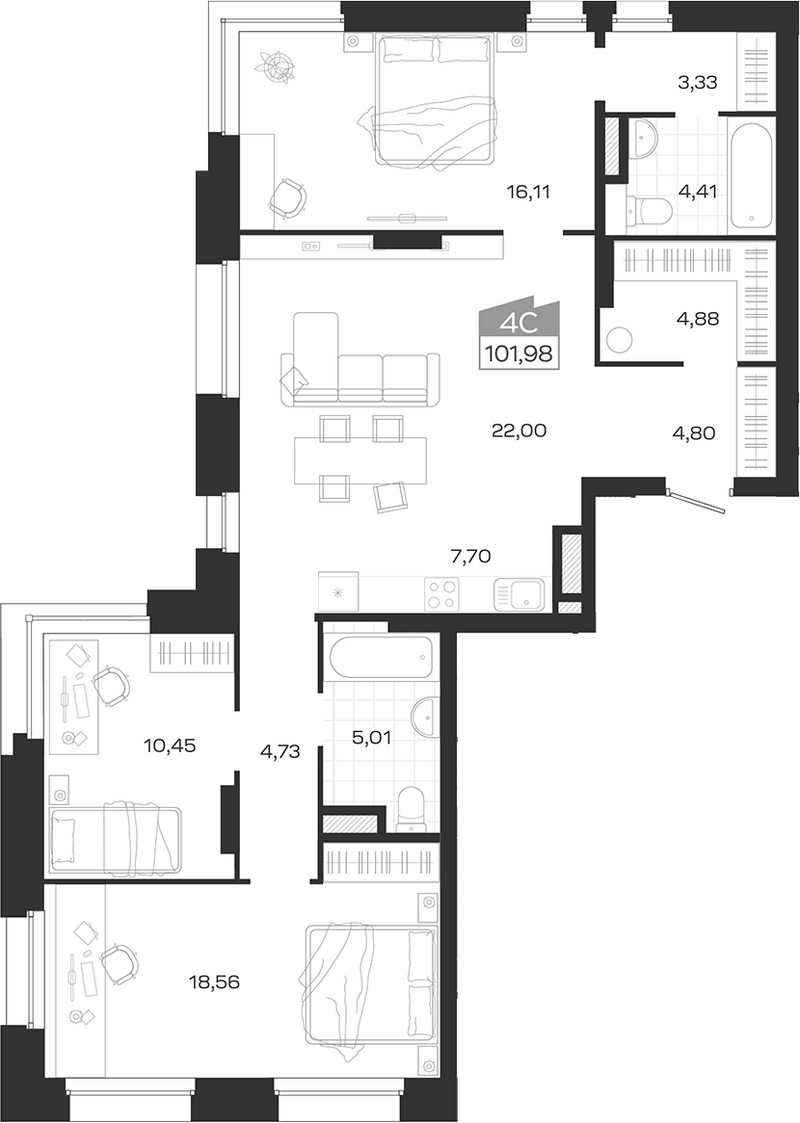 Планировка 4е-к.кв 101.98 м² в ЖК «Ясный Берег»