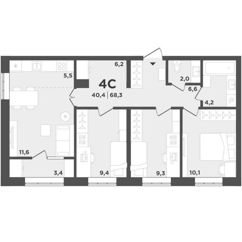 Планировка 4е-к.кв 64.90 м² в ЖК «Поколение»