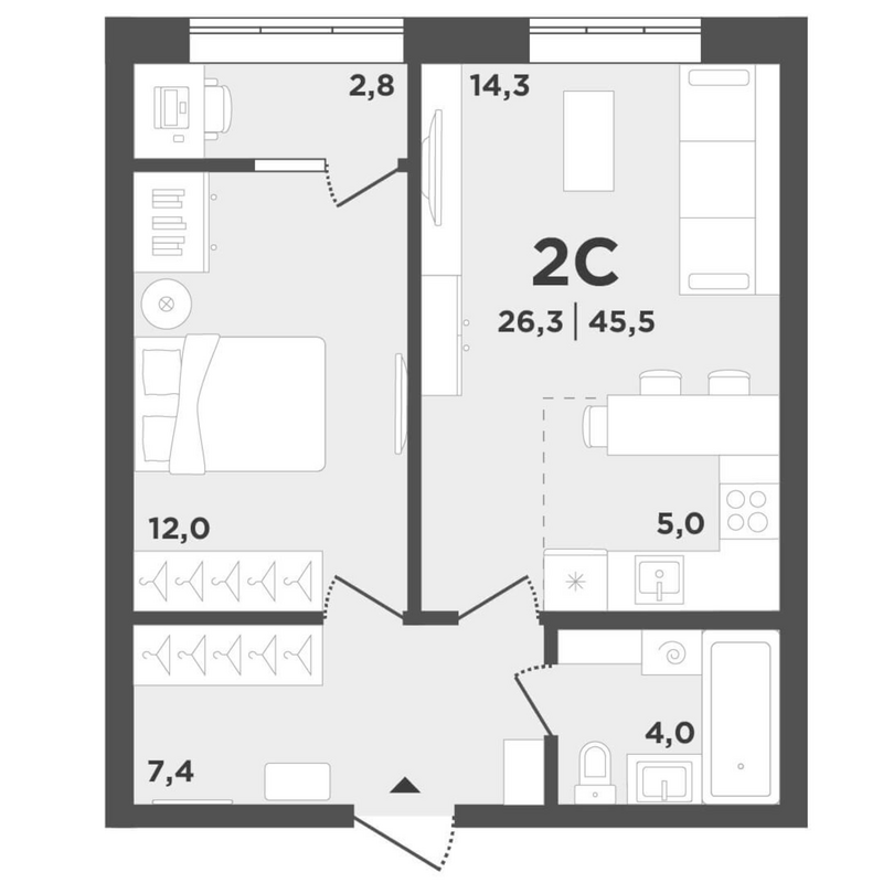 Планировка 2е-к.кв 42.70 м² в ЖК «Поколение»