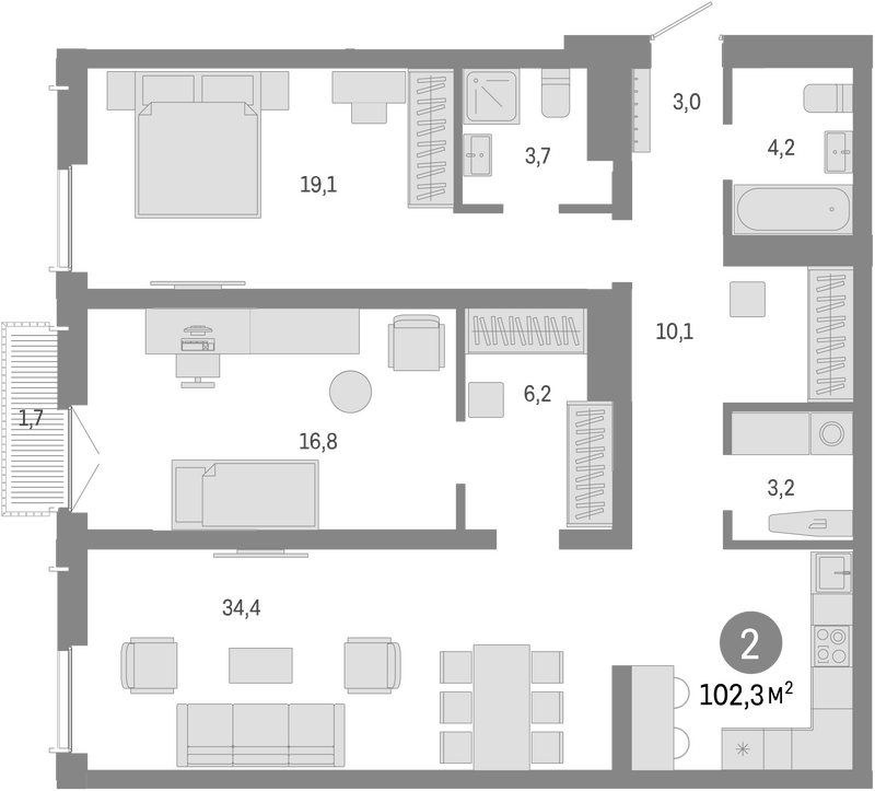 Планировка 3е-к.кв 100.60 м² в ЖК «Европейский берег»