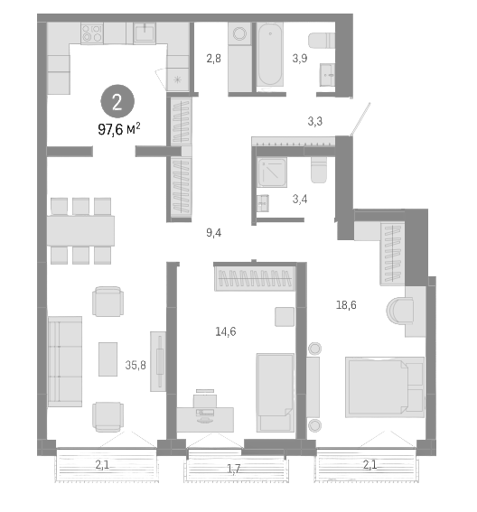 Планировка 3е-к.кв 91.70 м² в ЖК «Европейский берег»