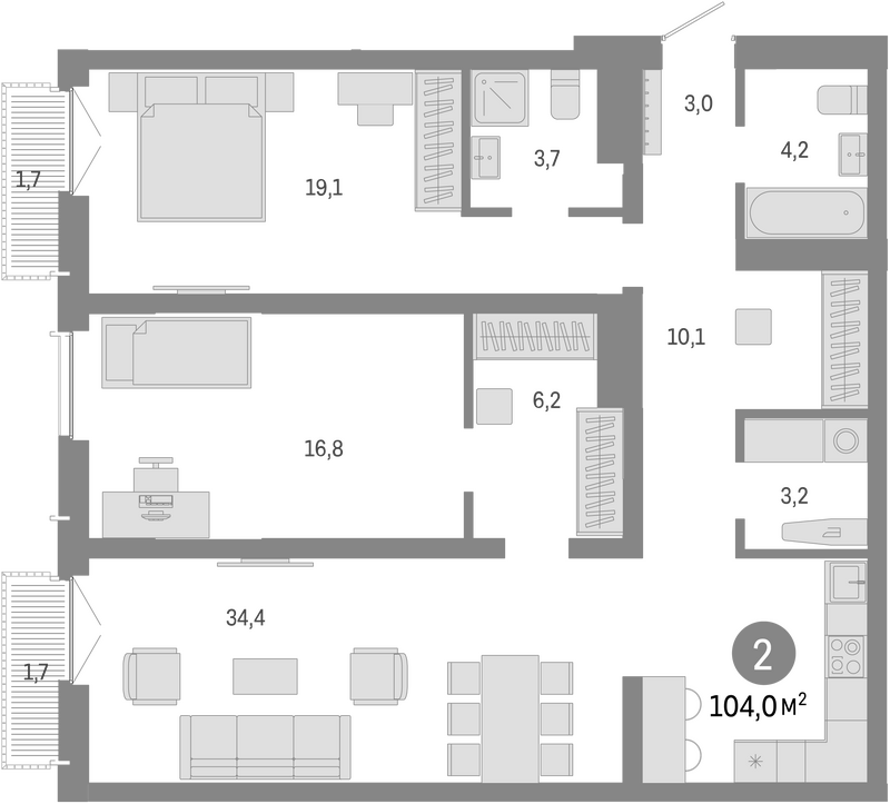 Планировка 3е-к.кв 100.60 м² в ЖК «Европейский берег»