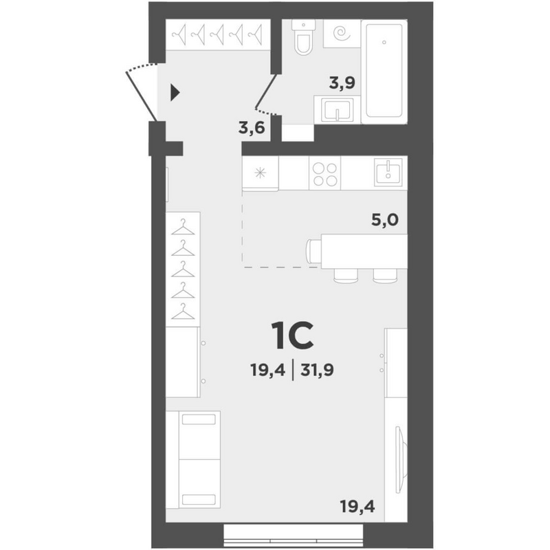 Планировка студии 31.90 м² в ЖК «Поколение»