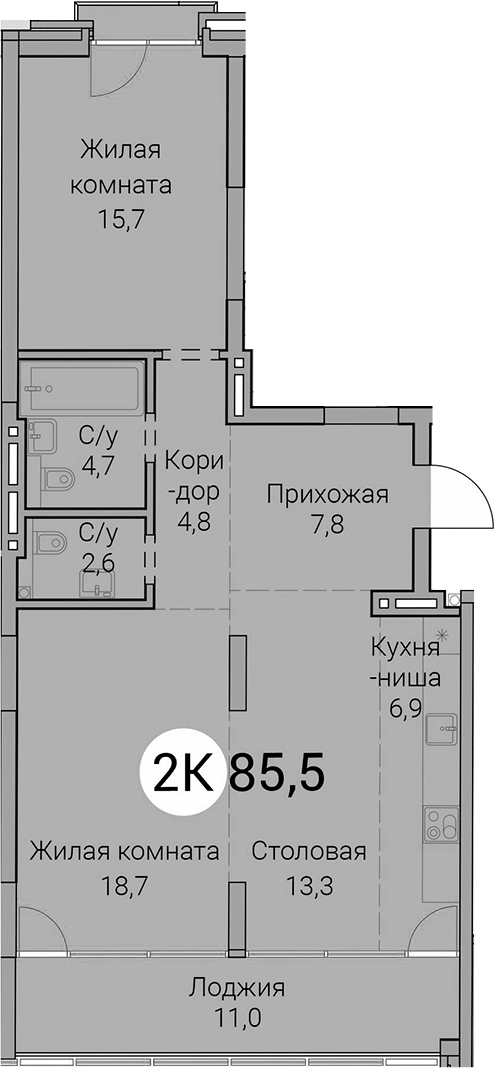 Планировка 3е-к.кв 74.50 м² в ЖК «Тайм Сквер»