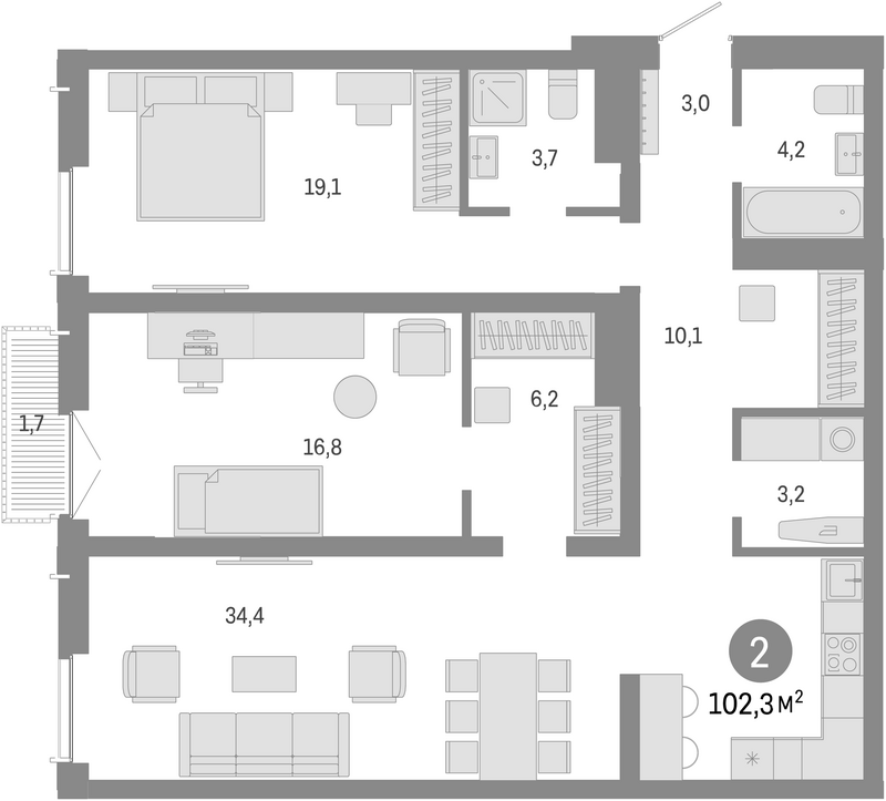 Планировка 3е-к.кв 100.60 м² в ЖК «Европейский берег»