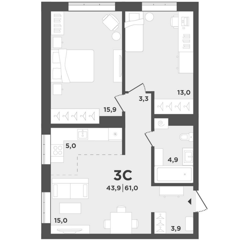 Планировка 3е-к.кв 61.00 м² в ЖК «Поколение»