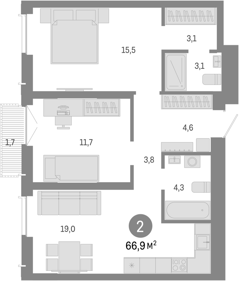 Планировка 3е-к.кв 65.20 м² в ЖК «Европейский берег»