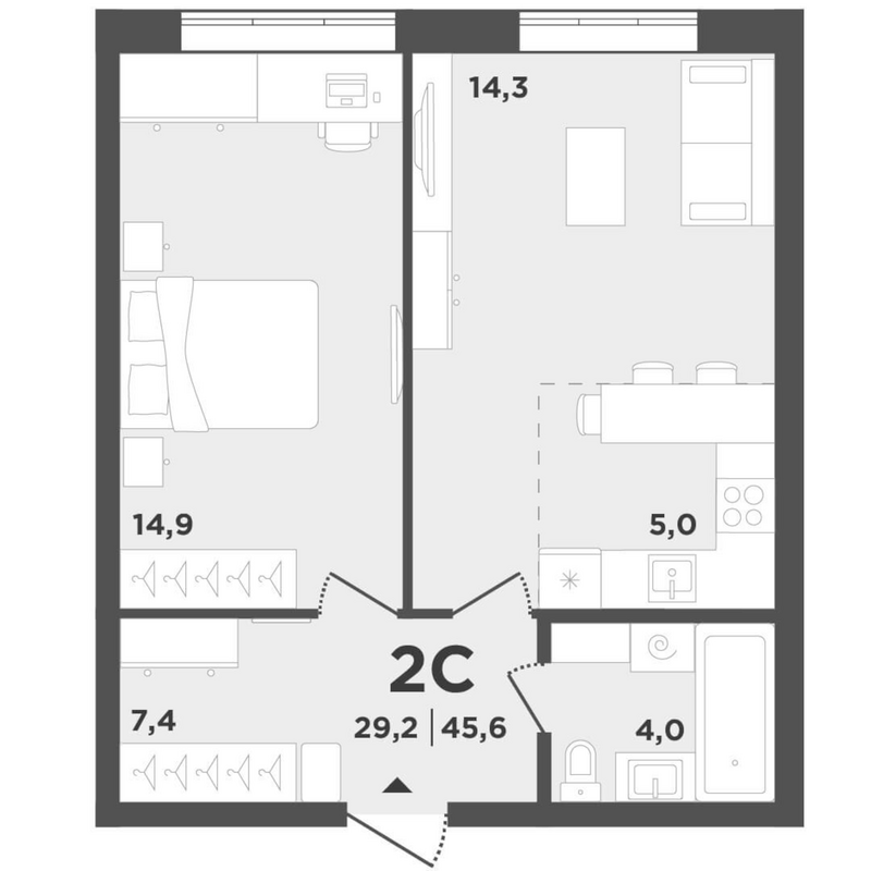 Планировка 2е-к.кв 45.60 м² в ЖК «Поколение»