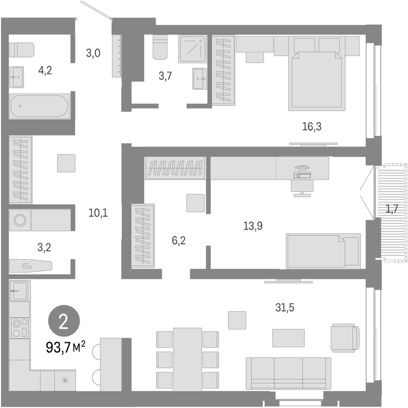 Планировка 3е-к.кв 92.00 м² в ЖК «Европейский берег»