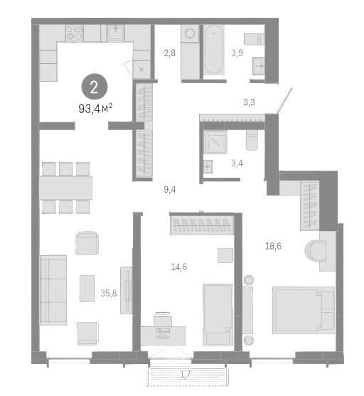 Планировка 3е-к.кв 91.70 м² в ЖК «Европейский берег»
