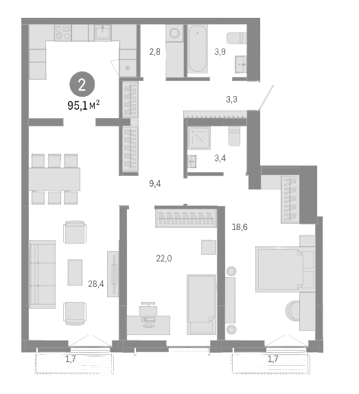 Планировка 3е-к.кв 91.70 м² в ЖК «Европейский берег»