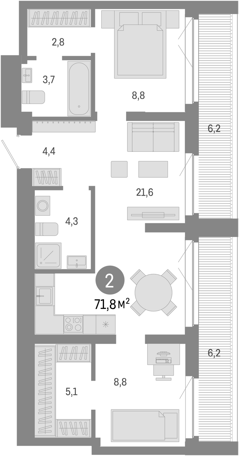 Планировка 3е-к. квартира 59.40 м² в ЖК «Европейский берег»