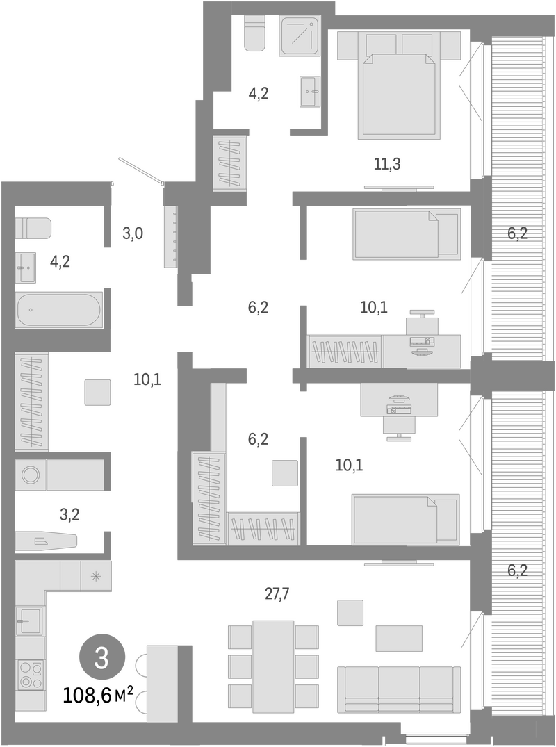 Планировка 4е-к.кв 96.20 м² в ЖК «Европейский берег»