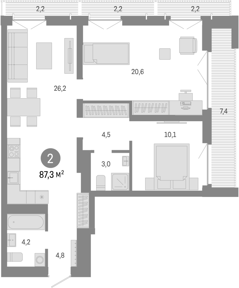 Планировка 3е-к.кв 73.30 м² в ЖК «Европейский берег»