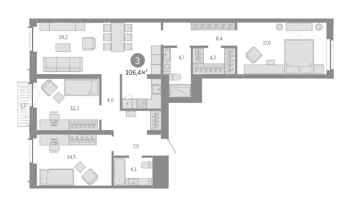 Планировка 4е-к.кв 104.70 м² в ЖК «Европейский берег»