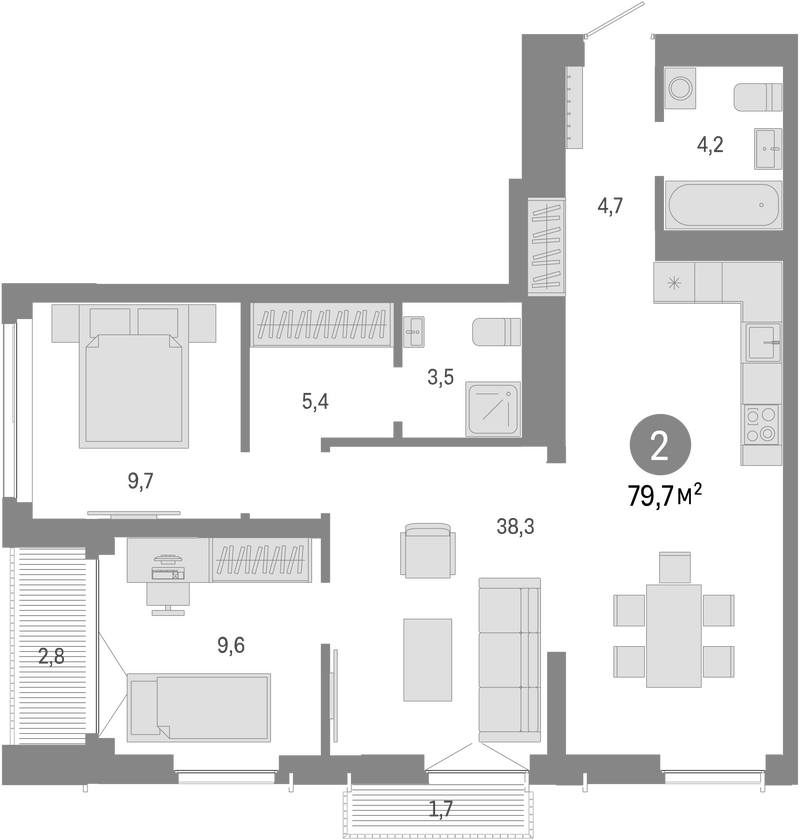 Планировка 3е-к.кв 75.20 м² в ЖК «Европейский берег»