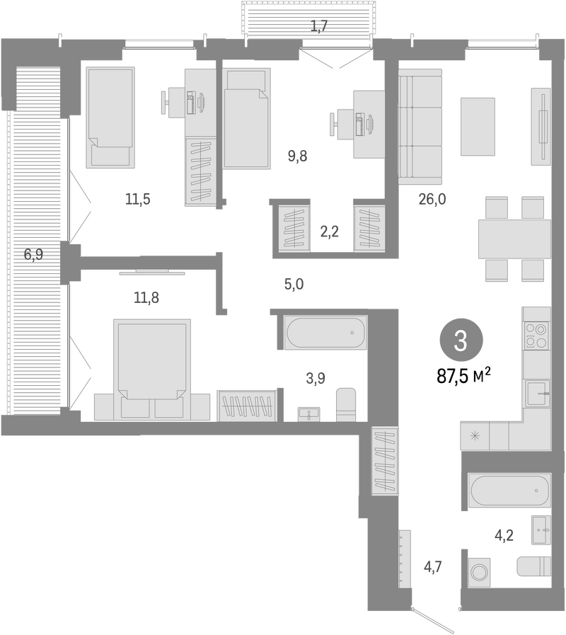 Планировка 4е-к.кв 78.90 м² в ЖК «Европейский берег»