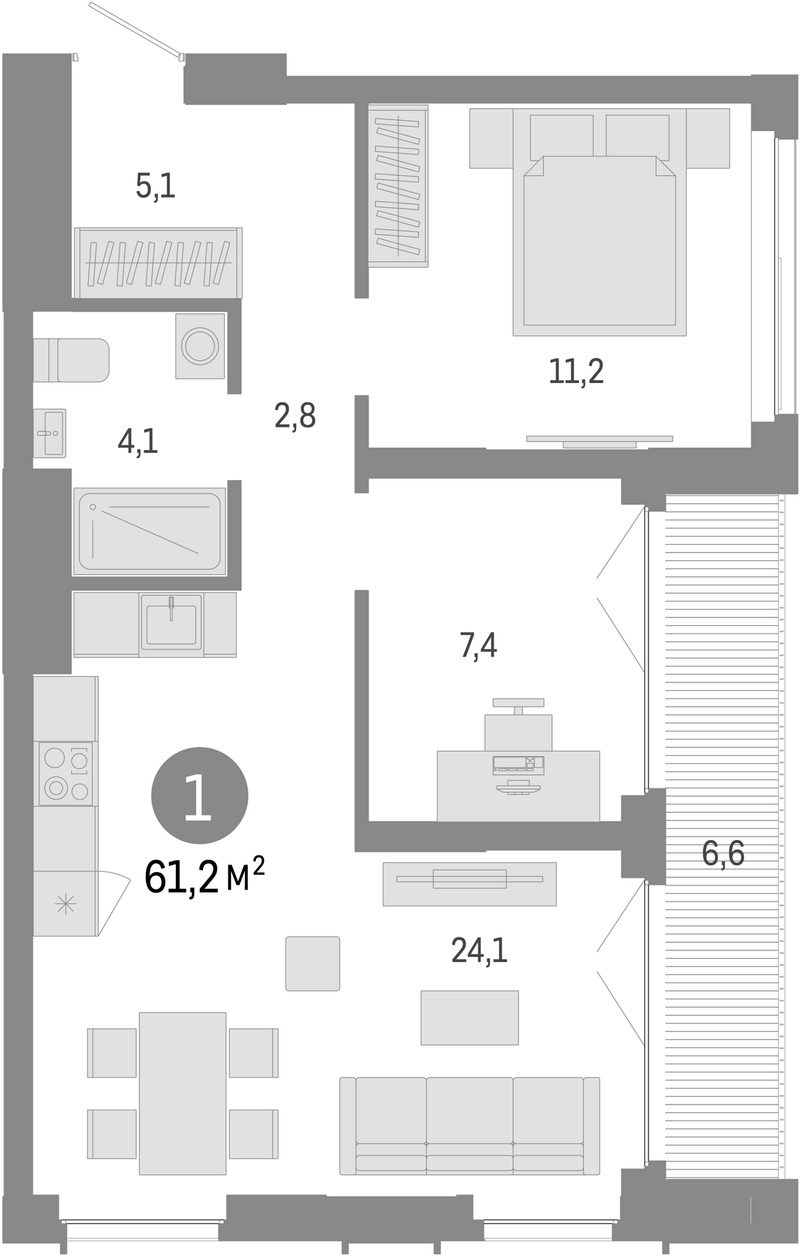 Планировка 2е-к.кв 54.60 м² в ЖК «Европейский берег»