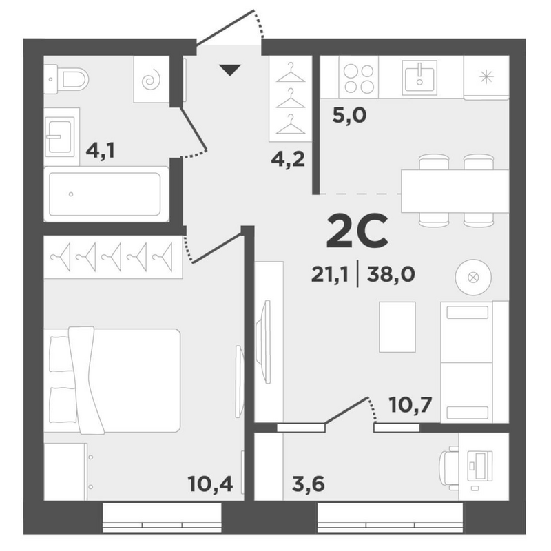 Планировка 2е-к.кв 34.40 м² в ЖК «Поколение»
