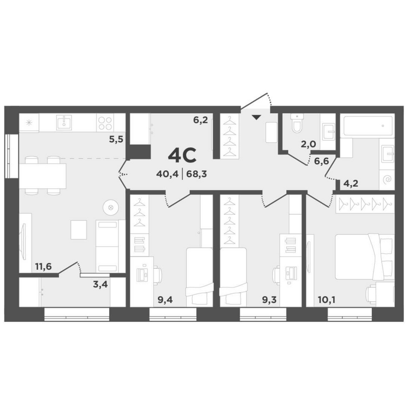 Планировка 4е-к.кв 64.90 м² в ЖК «Поколение»