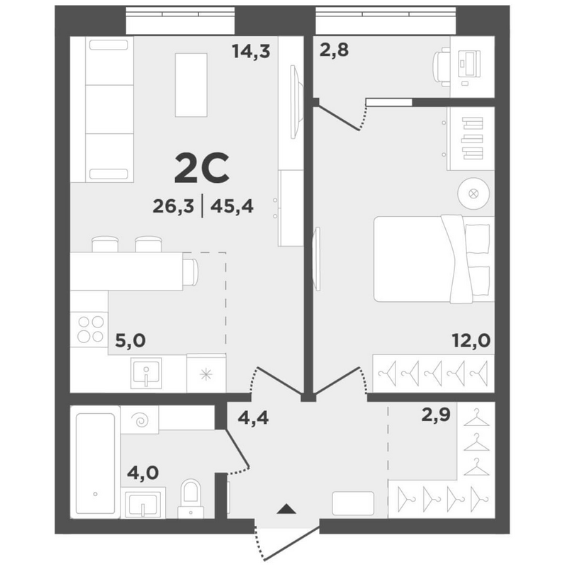 Планировка 2е-к.кв 42.60 м² в ЖК «Поколение»