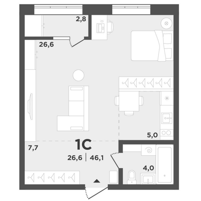 Планировка студии 43.30 м² в ЖК «Поколение»