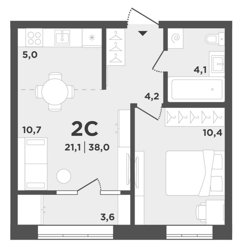 Планировка 2е-к. квартира 34.40 м² в ЖК «Поколение»