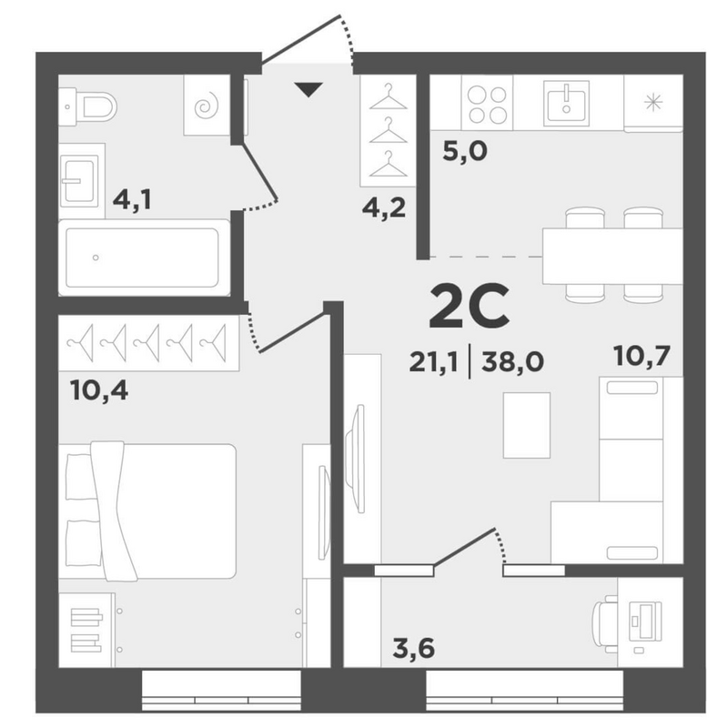 Планировка 2е-к.кв 34.40 м² в ЖК «Поколение»