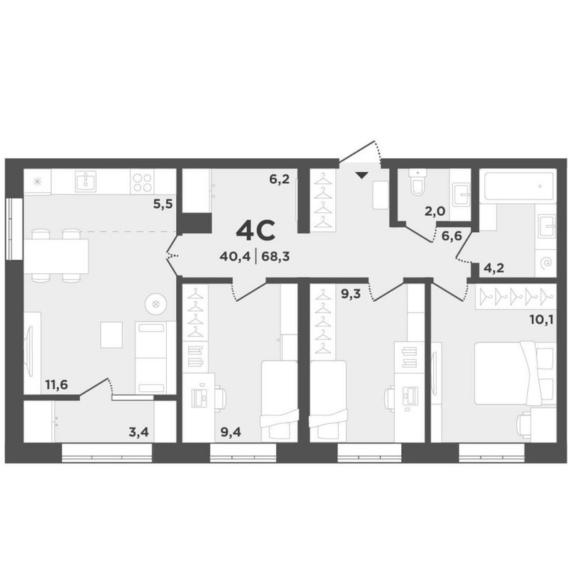 Планировка 4е-к.кв 64.90 м² в ЖК «Поколение»
